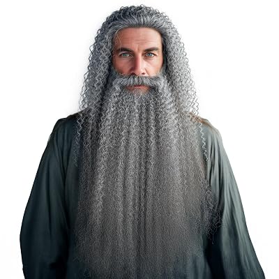 Wizard Curly Wig and Beard Funny Cosplay Costume Accessory for Adults Grey