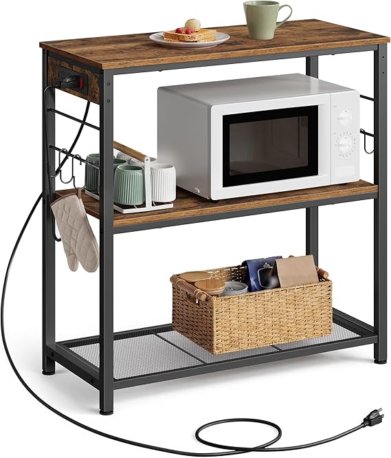 VASAGLE Kitchen Island with Power Strip, Microwave Oven Stand, Kitchen Shelf, Baker's Rack with 3 Open Shelves, 6 Hooks, Metal Frame, 15.7 x 31.5 x 35.4 Inches, Rustic Brown and Black UKKI102KD02S