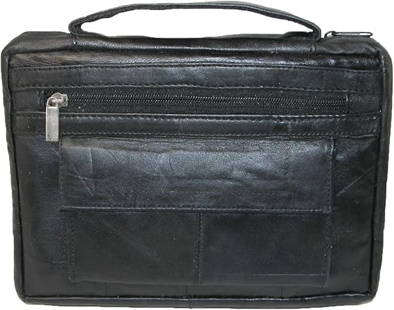 CTM Leather Bible Cover Case with Zippered Pockets and Handle, Black
