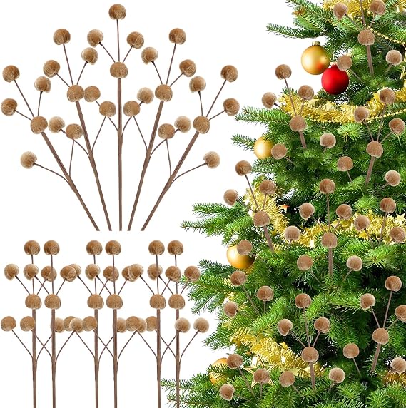 Thiccywoov 6 Pcs 14 Inch Christmas Tree Picks Velvet Christmas Ornaments Spheres Ball Pick Velvet Xmas Tree Branches Hanging Decoration Wreath Home Office Party Ornament(Light Brown)