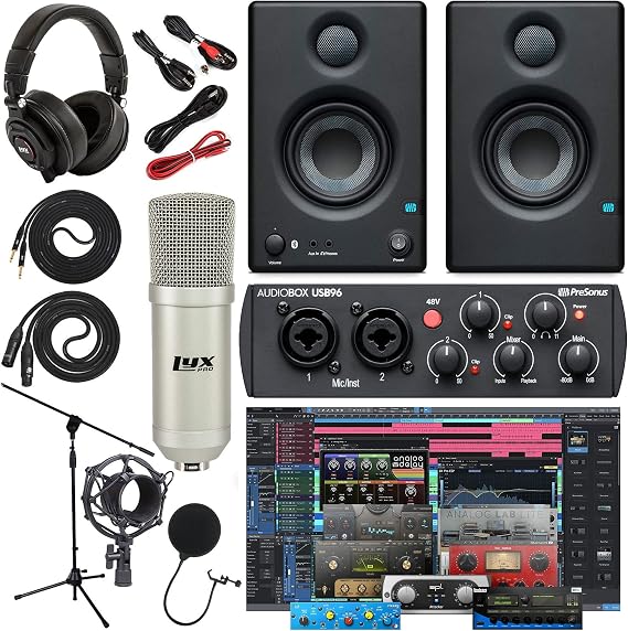 Presonus AudioBox 96 Audio Interface (May Vary Blue or Black) Complete Kit with Studio One Artist Software Pack w/Eris 4.5 BT Pair Studio Bluetooth Monitors, Condenser Microphone, 1/4" Cables