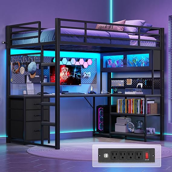 ADORNEVE Twin Size Loft Bed with Gaming Desk, RGB Hutch, Black | Expanded Safety Power Outlet, 3 Drawers, Shelves & Pegboard, Metal Loft Bed Frame with RGB Light, Space Saving for Teens