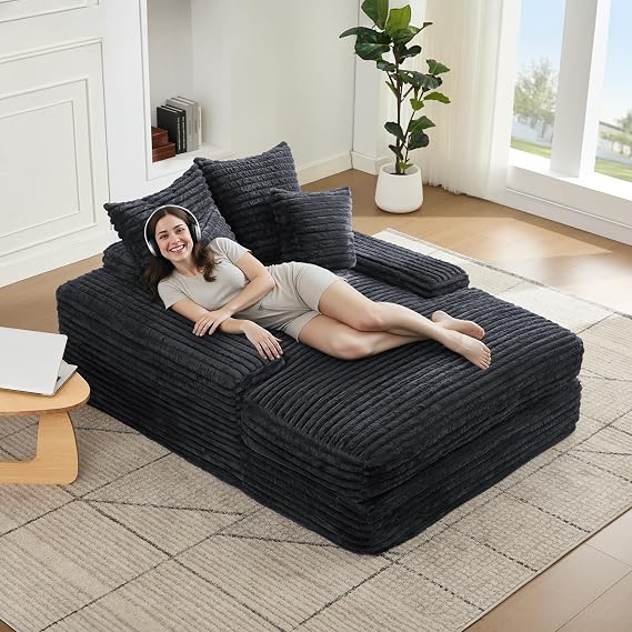 DEKKETO Corduroy Oversized Boneless Sofa Bed with 4 Pillows, Grey