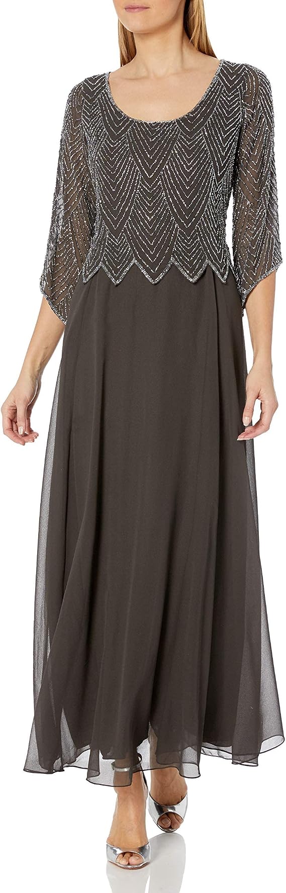 J Kara Plus Size Womens Scoop Neck Line with 3/4 Sleeve Beaded Top Long Dress