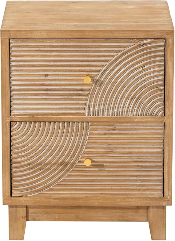 COZAYH Farmhouse 2 Drawer Nightstand with Handcrafted Wood Ring Pattern