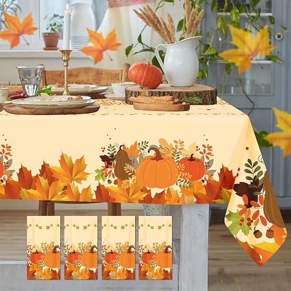 4 Pack Thanksgiving Fall Tablecloths, Disposable Plastic Table Cloth | Pumpkin Maple Leaf Autumn Harvest Thanksgiving Table Cover for Dinner Kitchen Party Holiday Decorations, 54 x 108 Rectangle