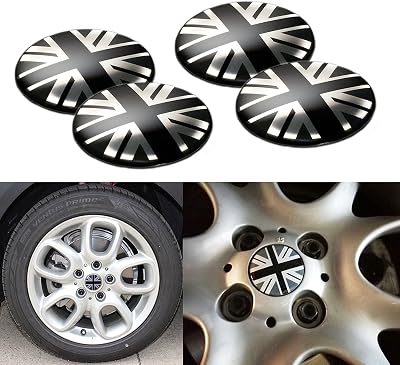 x xotic tech 4X Union Jack UK Flag Style Wheel Center Cap Covers Compatible with Mini Coopers R50 R51 R52 R53 R55 R56 R57 R58 R59 R60 R61 F55 F56, etc BlackGrey