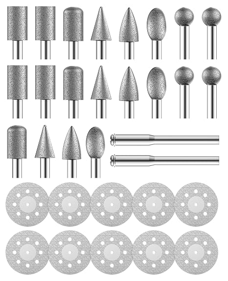 32Pcs Diamond Cutting Wheels and Grinding Bits Set for Dremel - 10Pcs Cutting Discs(22mm), 2Pcs 3mm Mandrel, 20Pcs Drill Bits W/ 1/8" Shank for Rotary Tool