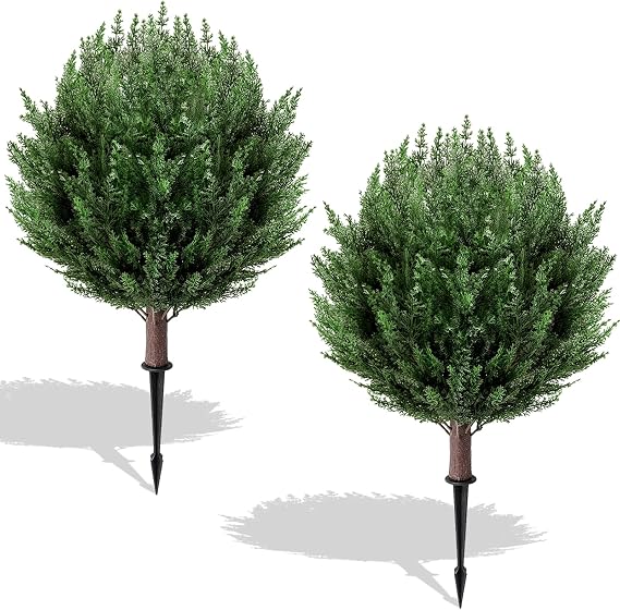 2 Pack 2FT Artificial Cedar Topiary Trees with Ground Spike, Fake Pine Shrubs Bushes, UV Resistant Faux Evergreen Cypress Tree Plants for Indoor Outdoor Planters Front Porch