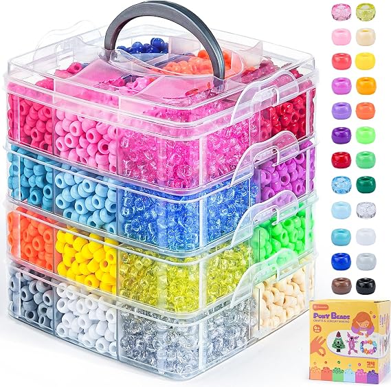 Dowsabel 4800PCS Pony Beads Bulk, 24 Colors Kandi Beads 6x9mm Large Hole for Friendship Bracelets, Jewelry Making, Hair Braiding, DIY Art Craft Gifts - Shockproof Protective Gift Packaging