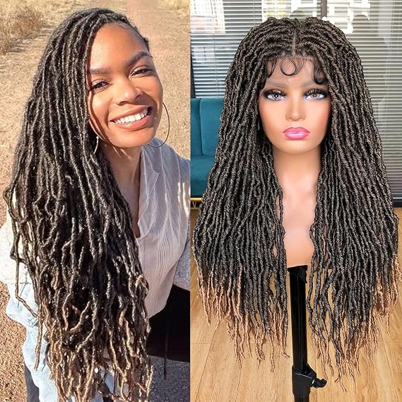 32Inch Full Double Lace Box Braided Wigs for Black Women Faux Locs Square Knotless Wigs with Baby Hair Long Dreadlock Wig Natural Black Hand-braided Synthetic Twist Lace locs Wig Ombre Blonde
