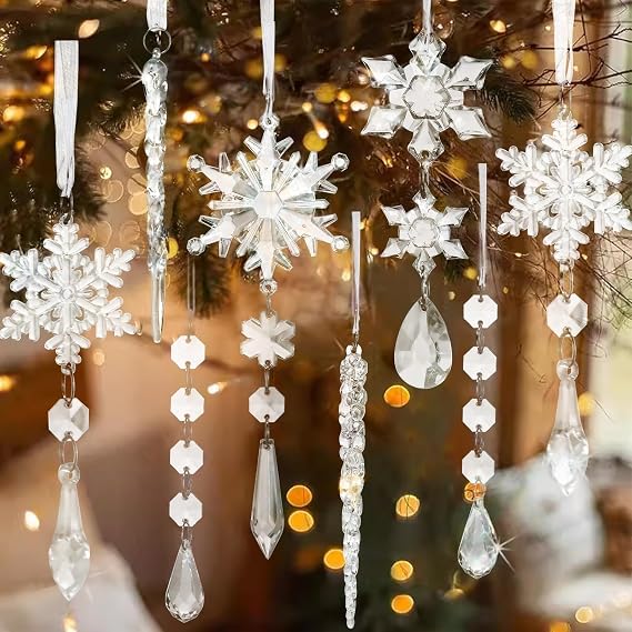 MSQ 21PCS Crystal Christmas Ornaments for Tree Clear Acrylic Snowflake Icicle Crystal Hanging Ornaments with Drop Pendants for Winter New Year Party Decorations
