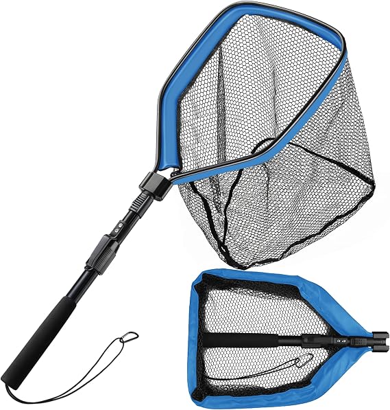 Yeahmart Floating Fishing Net Foldable Landing Net with Pole Handle, Blue | Portable Fishing Gear with Rubber Coated Mesh & Aluminum Handle for Kayak, Fly, Trout, Steelhead, Salmon, Bass Fishing