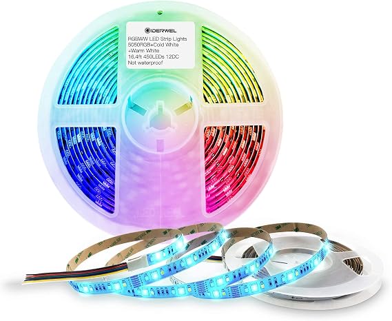 GIDERWEL RGBWW LED Light Strip16.4ft,Dimmable 5050 RGB Cool White Warm White(2300K-6000K) 450LEDs Multi-Color 12V 6 Wire RGB+CCT Ambiance Lightstrip Plus,Non-Waterproof,Only RGBCCT LED Strips