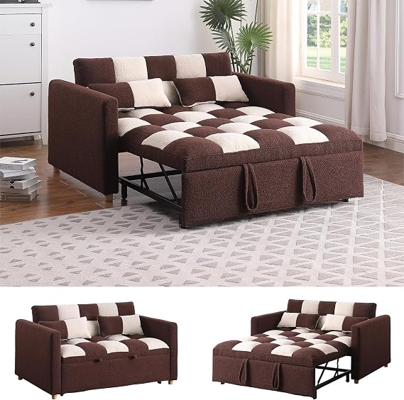Brown Teddy Fabric Modern Rectangular Convertible Sofa Bed Loveseat Sleeper Sofa Couch Futon Sofa Couch Chaise Longue Daybed with Lumbar Pillows for Living Room, Bedroom, Apartment