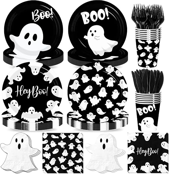 Halloween Paper Plates and Napkins, 144Pcs Black Ghost Plates and Napkins Cute Boo Ghost Tableware Set for Halloween Birthday Party Decorations Boo Baby Shower Party Supplies (Black)