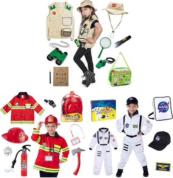 Born Toys Premium Outdoor Explorer Kit, Premium Fireman Costume and Astronaut Costume for Kids for Boys & Girls, Dress up & Pretend Play