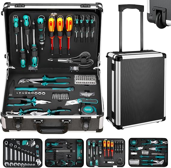 TLGREEN Tool Trolley 128-Piece Tool Box Filled Tool Set Trolley Function Tool Box Workshop Case Equipped Tool Box Mobile Tool Box for DIY Crafts Household Car Repair Workshop