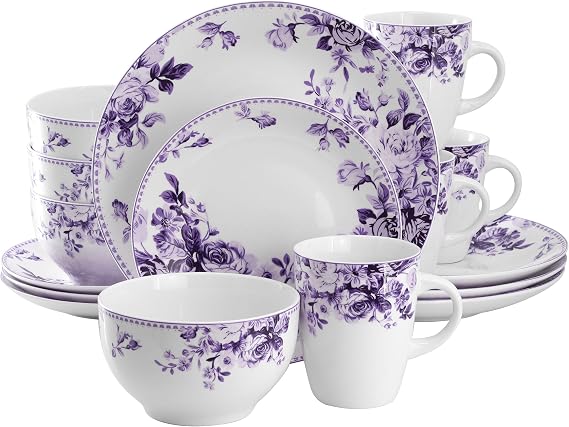 Elama Traditional Rose 16 Piece Porcelain Dinnerwar/Tableware Set, Service for 4 (Purple)
