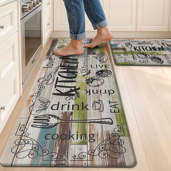 HEBE Anti Fatigue Kitchen Rugs Set of 2, Cushioned Kitchen Mats for Floor | Non Slip Farmhouse Kitchen Rug and Runner Set, Waterproof Comfort Kitchen Floor Mat Carpet for Sink, Standing Desk, Laundry