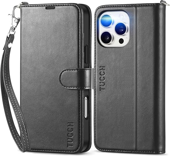 TUCCH Wallet Case with Wrist Strap for iPhone 16 Pro Max (6.9") 2024, Black
