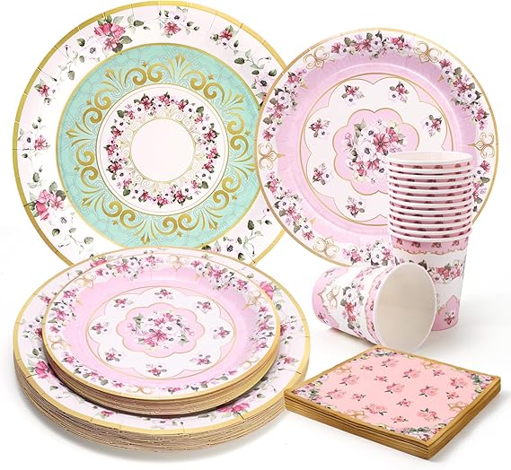 96 PCS Floral Paper Plates, Pink and Green Vintage Floral Paper Plates and Napkins Party Supplies for Birthday Bridal Shower Picnic Tea Time, Serve for 24 Guests