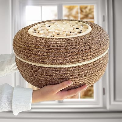 Wooden Lid Large Storage Basket, Toy Storage Basket Bin, Rustic Room Decor Basket, Gift Basket, Handwowen large basket, Towel Basket for Bathroom, Livingroom Basket