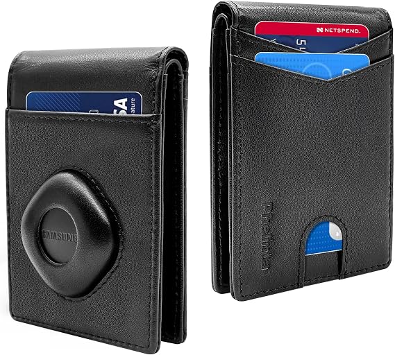 Wallet for Men Compatible with Samsung Smart Tag Plus/Smart Tag Wallet, RFID Blocking Bifold Wallet with Galaxy SmartTag Plus/SmartTag Holder, Genuine Leather Cash Credit Card Holder with Gift Box