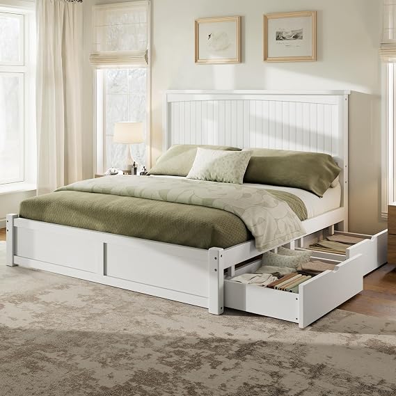 AMERLIFE Solid Wood King Storage Bed Frame with 50" Headboard, White | Platform Bedframe with 2 Storage Drawers, Wooden Slats/No Box Spring Needed/Noise-Free, Coastal White Finish
