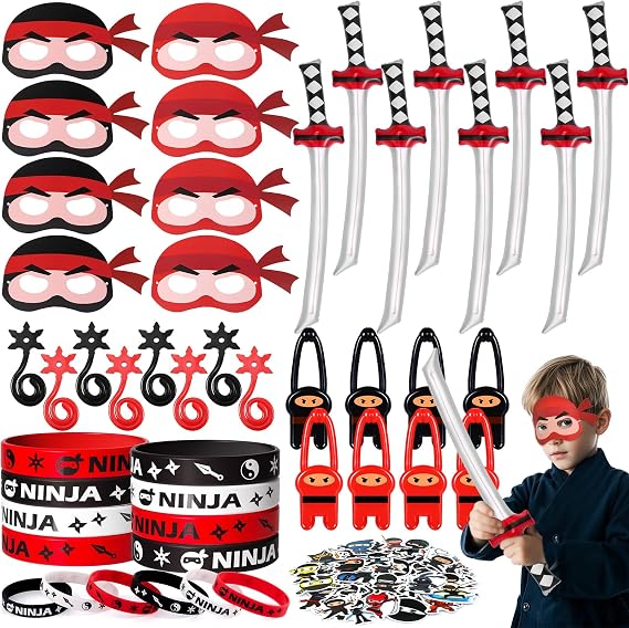 Tacobear Ninja Party Bag Children's Birthday Party with Ninja Masks Silicone Bracelets Finger Slingshot Warrior Toy Sticker Ninja Birthday Party Favours Give Aways for Boys