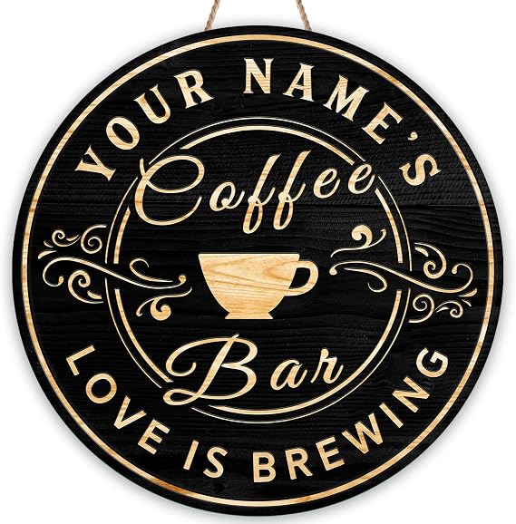 Wood Coffee & Espresso Bar Round Sign, Personalized Custom Wood Cafe Decor | Mug Drip Java Percolator Latte Cappuccino Mocha Brew Roast Bean Theme Indoor Outdoor Entryway Shelf Mantel, Christmas