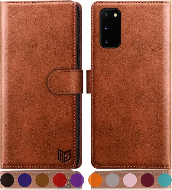 SUANPOT RFID Protection for Samsung Galaxy S20 Case PU Leather Mobile Phone Case Leather Flip Case Card Slot Flip Cover for Samsung S20 Mobile Phone Case Leather Wallet Phone Case Light Brown