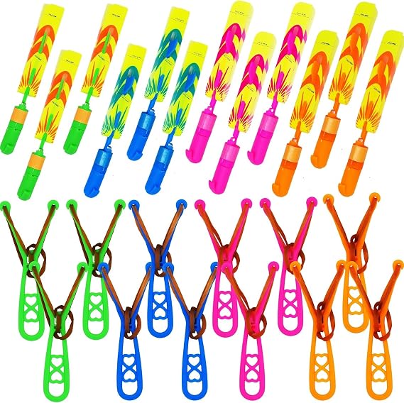 JX 48 Sets LED Flying Set, 24 Slingshot+24 Glow Helicopter, Flying Toy Outdoor Toys Glow in The Dark Party Supplies Party Favors for Kids