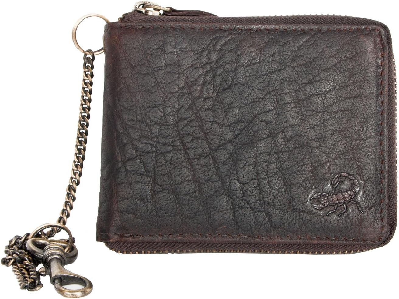 FLW Dark Brown Strong Olied Genuine Leather Zipper Wallet with a Chain With Scorpion