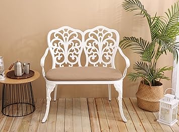 Patio Garden Bench Metal Park Bench Cast Aluminum Outdoor Furniture with Floral Rose for Patio,Park,Lawn,Yard with Cushion White