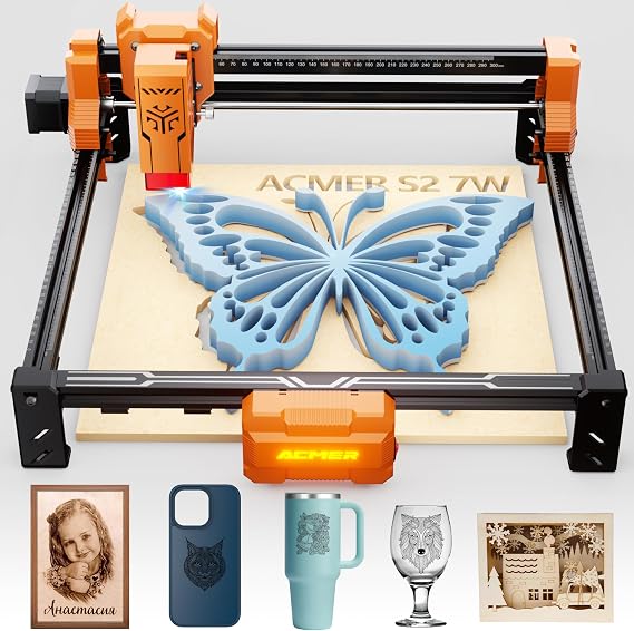 Laser Engraver, ACMER S2 7W(7000mW) Laser Cutter Machine, 48W Output, 0.01mm Precision, 300x300mm Area, 10000mm/min Speed, for Wood, Metal, Leather, Acrylic, DIY & Education