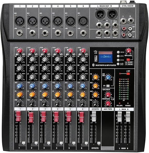 Audio Mixer, Soundboard Console, 6-Channel Desktop System Interface Computer Audio Mixer, USB MP3 Input, 48V Phantom Power Supply