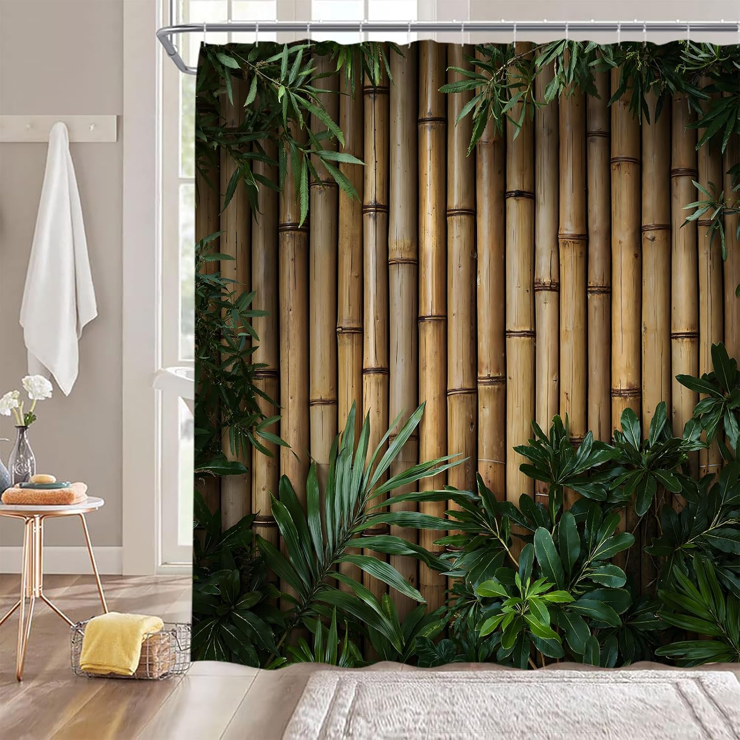 GCTNBJL Bamboo Shower Curtain Asian Plant Green Leaves Brown Bamboo Nature Vintage 70x70WxH Inches Bathroom Decor Fabric Curtain with Hooks