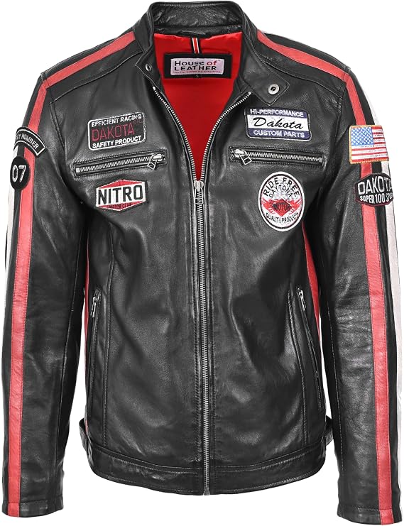 Mens Real Leather Biker Style Jacket Motorsport Racing Badges Style Bobby