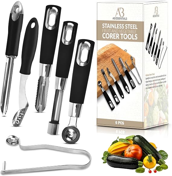 Fruit and Vegetable Corer Set 6 PCS Stainless Steel Apple Corer, Jalapeno Tool, Melon Baller, Pepper Corer Seed Remover Tool, Pineapple Tomato & Zucchini