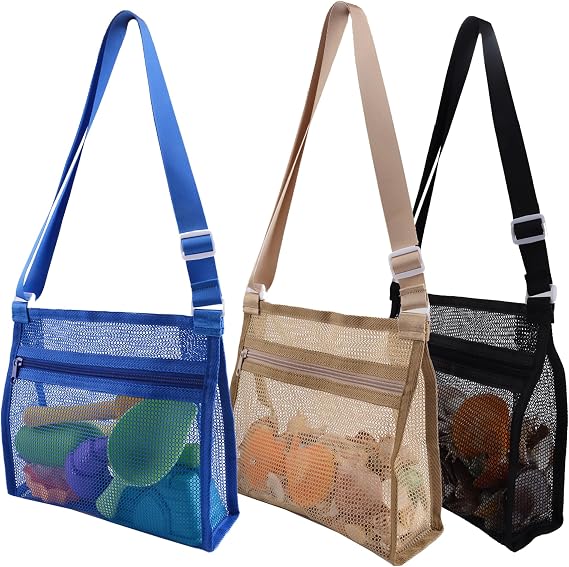 MUYIZI Mesh Beach Bag for Collecting Shells 3 Pack,Shell Bags for Beach,Sea Shell Bags for Picking Up Shells,Beach Shell Bag for Kids, Sand Toys Swimming Accessories for Boys and Girls