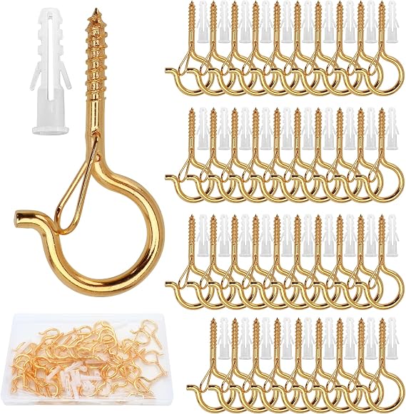 40 PCS Q Hanger Hooks with Safety Buckle, Windproof Screw Hooks for Hanging Outdoor String Lights, Christmas Lights,Cups, Decors,2.3 Inches,Gold