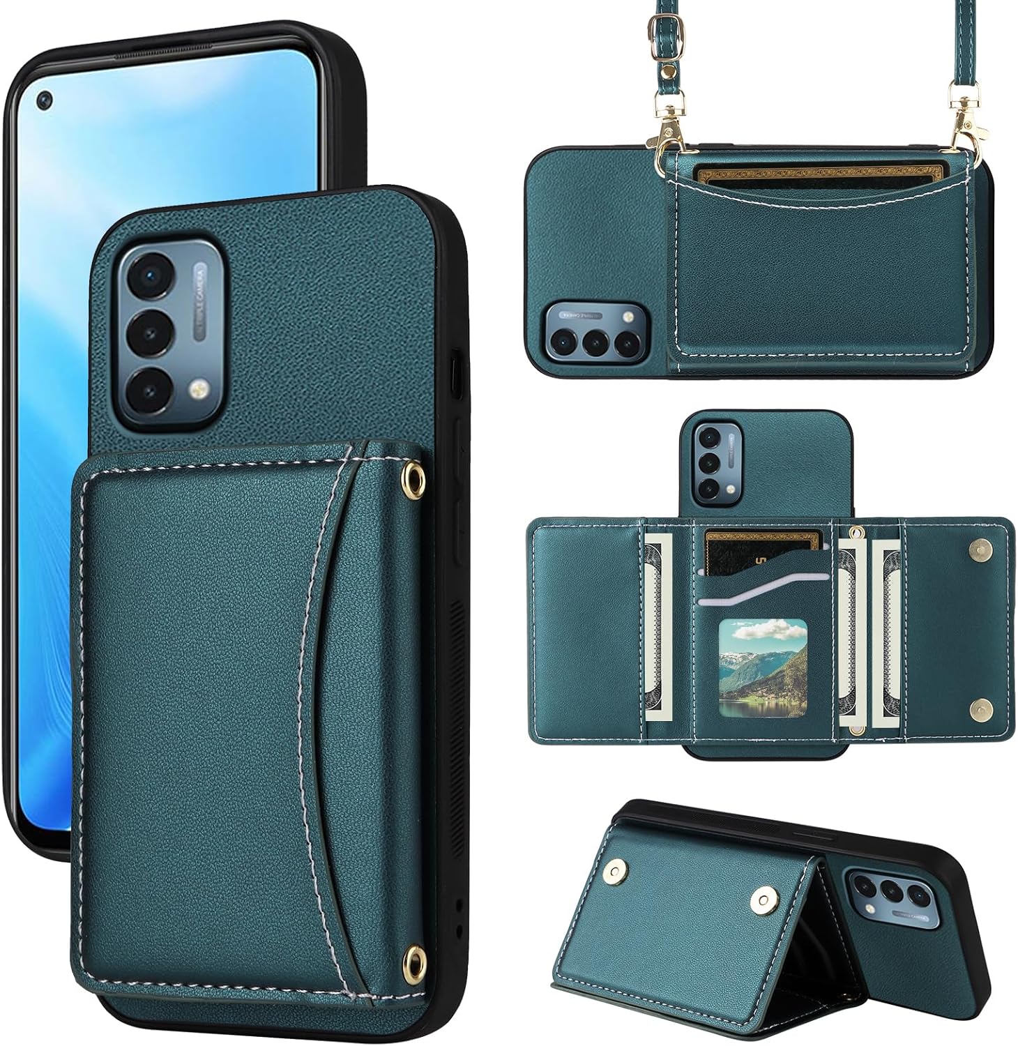 ウォレットケース OnePlus Nord N200 5G用 クロスボディストラップ付き プレミアムPUレザーカードホルダー 耐衝撃 高耐久 携帯電話カバー One Plus N 200 G5 1 Plus 200N 1plus One+ 1+ N2005G 2021用 グリーン