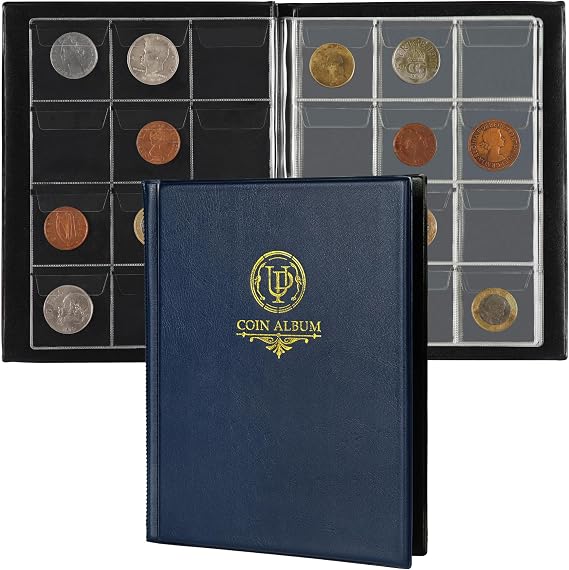 120 Pockets Coin Album - 10 Pages,45x43 mm Grid Holder,Blue