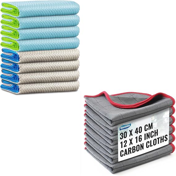 Ekedalen Easy Clean Dish Cloths Streak Free Pack of 8 and Carbon Cloth Lint Free Glass Cleaning Cloth Pack of 6
