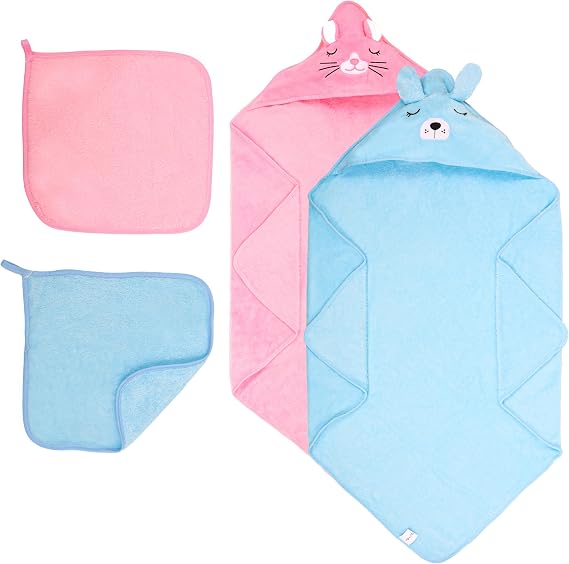 HBHLFZ 4-Pack Baby Bath Towels,Set of 2 Hooded Baby Bath Towels and 2 Baby Face Towels, Super Soft,Highly Absorbent,31.5x31.5inch,Suitable for Newborns,Toddlers and Children,Unisex(Kitten, Dog