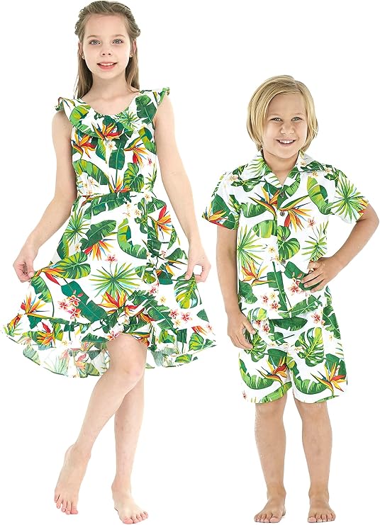 Matching Hawaiian Luau Sibling Boy Girl Wrap Dress Aloha Shirt in Bird of Paradise