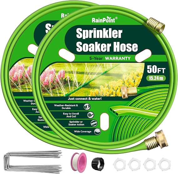 RAINPOINT Sprinkler Hose with Holes 100FT, Flat Soaker Hose with Stakes, Lightweight Water Irrigation Sprinklers System for Garden, Lawn and Yard(50FT, 2Pack)