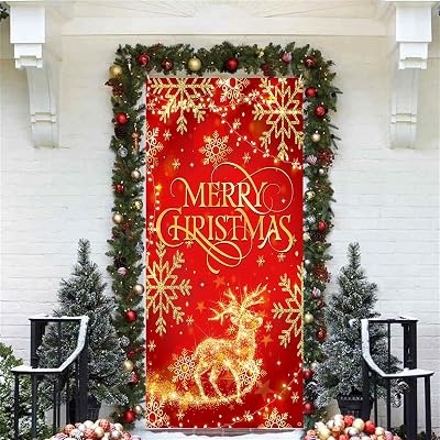 Christmas Decorations Door Cover, Red Glitter Merry Christmas Reindeer Elk Door Sign Banner, Large Fabric Xmas Party Decorations Backdrop for Outdoor Indoor New Year Holiday Home Yard Garden, 90x185cm