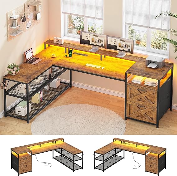 SEDETA 67" L Shaped Desk with Drawers, Computer Office Desk with Storage Shelves & Power Outlet, Reversible Gaming Desks with LED Lights for Home Office, Rustic Brown